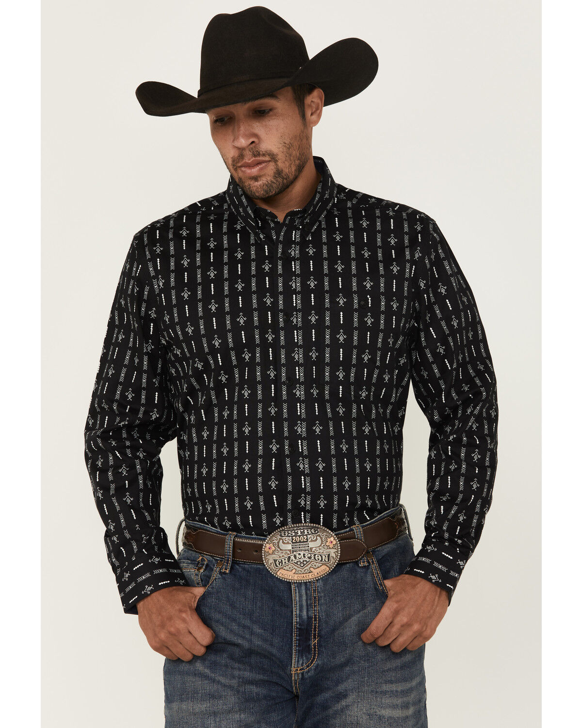 Image #1 - RANK 45® Tiki Room Striped Print Long Sleeve Button-Down Stretch Western Shirt, Black, hi-res