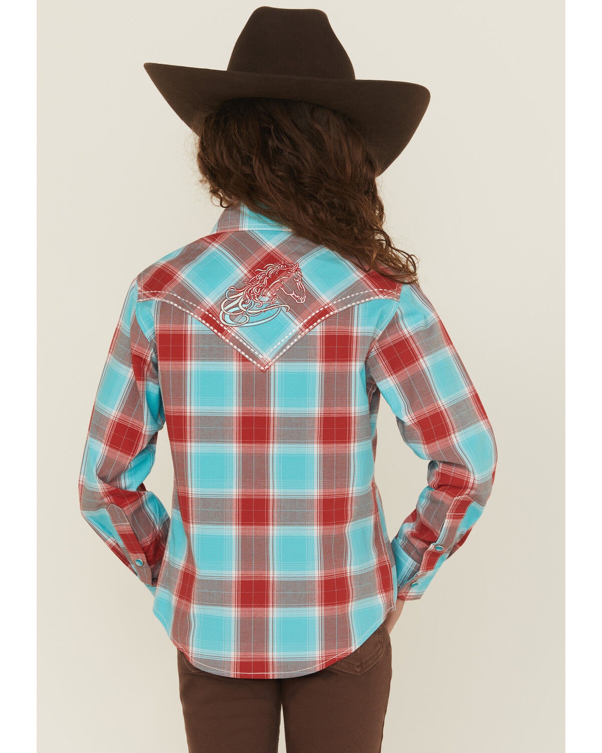 Image #4 - Cowgirl Hardware Girls' Plaid Print Long Sleeve Pearl Snap Stretch Western Shirt, Red, hi-res