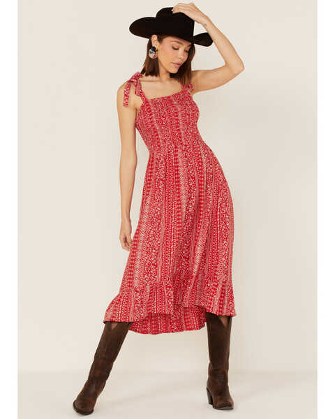 Cotton & Rye Women's Stripe Floral Print Smocked Midi Dress, Red, hi-res