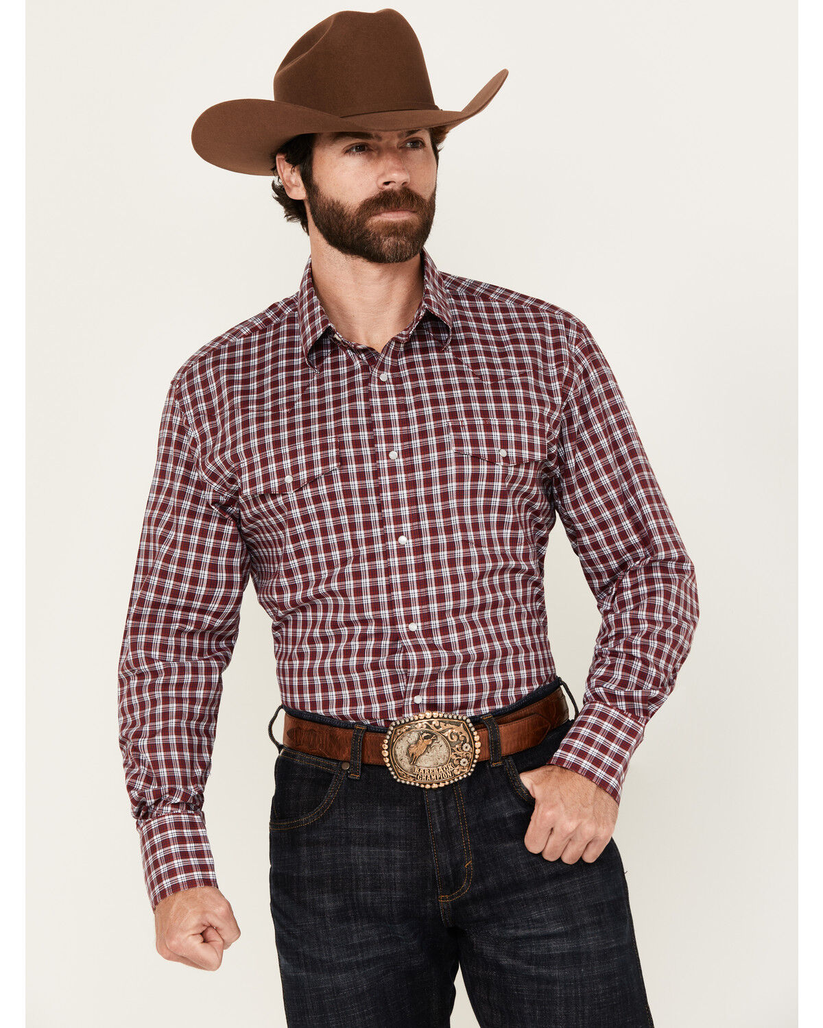 Image #1 - Wrangler Men's Wrinkle Resistant Plaid Print Long Sleeve Snap Stretch Western Shirt, Dark Red, hi-res