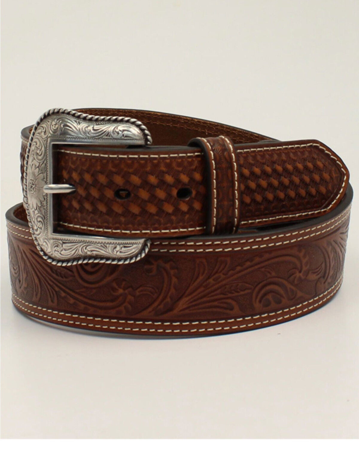 M & F Western Men's Basketweave Floral & Filigree Leather Western Belt, Brown, hi-res
