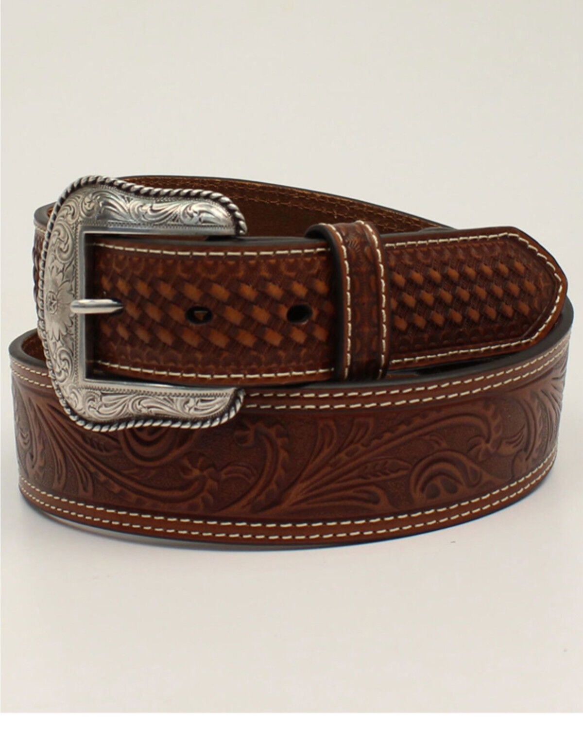 Image #1 - M & F Western Men's Basketweave Floral & Filigree Leather Western Belt, Brown, hi-res