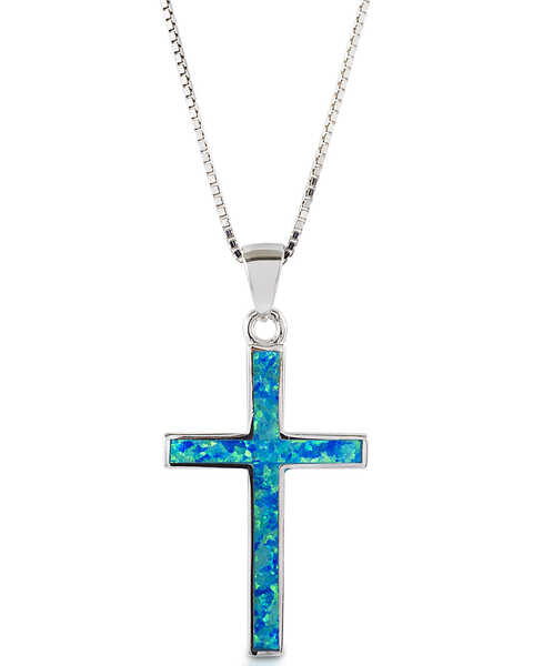  Kelly Herd Women's Blue Opal Cross Pendant Necklace , Silver, hi-res
