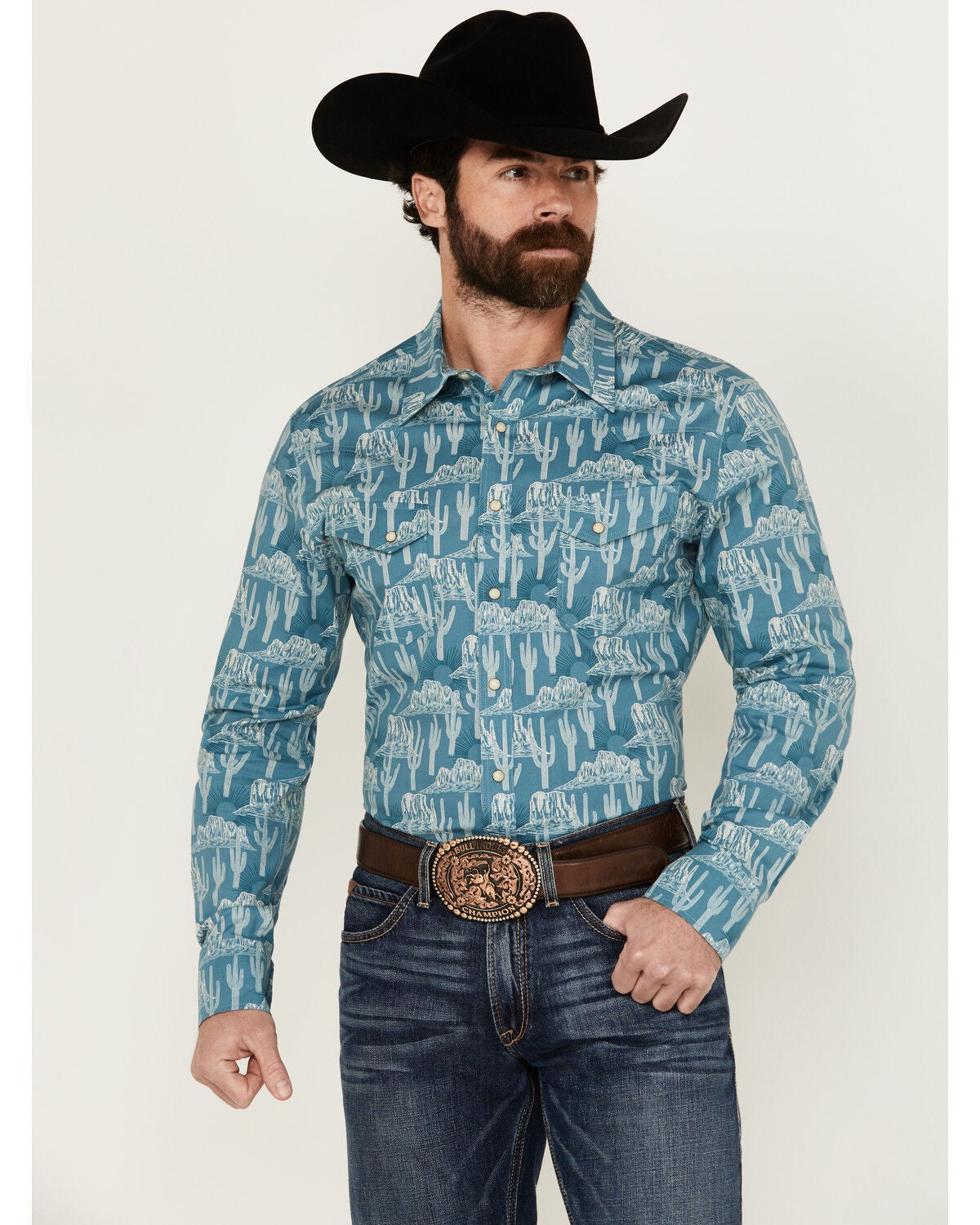 Rock & Roll Denim Men's Cactus Desert Print Long Sleeve Pearl Snap Stretch Western Shirt, Blue, hi-res