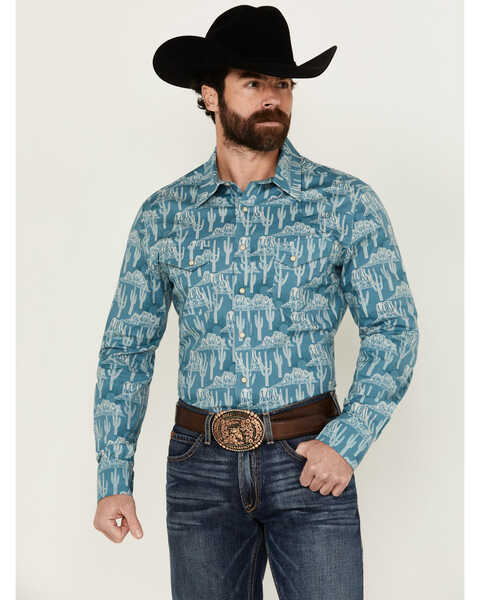Rock & Roll Denim Men's Cactus Desert Print Long Sleeve Pearl Snap Stretch Western Shirt , Blue, hi-res