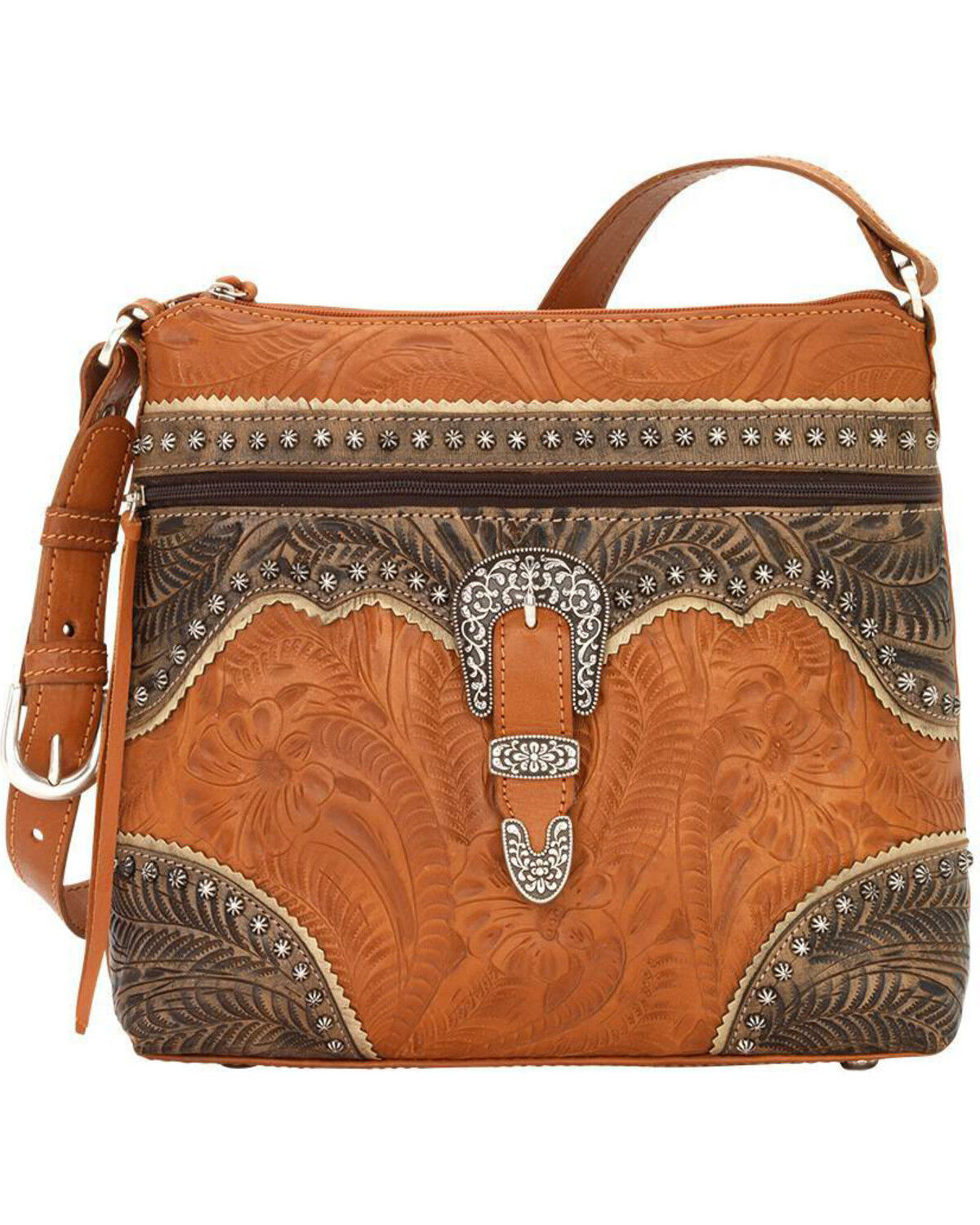 Image #1 - American West Women's Saddle Ridge Zip Top Shoulder Bag, Tan, hi-res