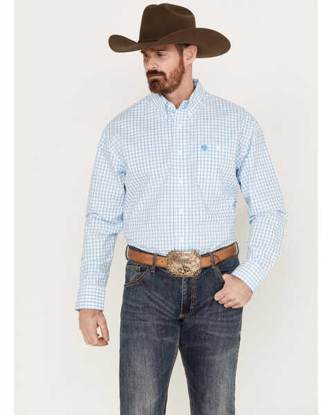 George Strait by Wrangler Men's Plaid Print Button Down Long Sleeve Western Shirt, Light Blue, hi-res
