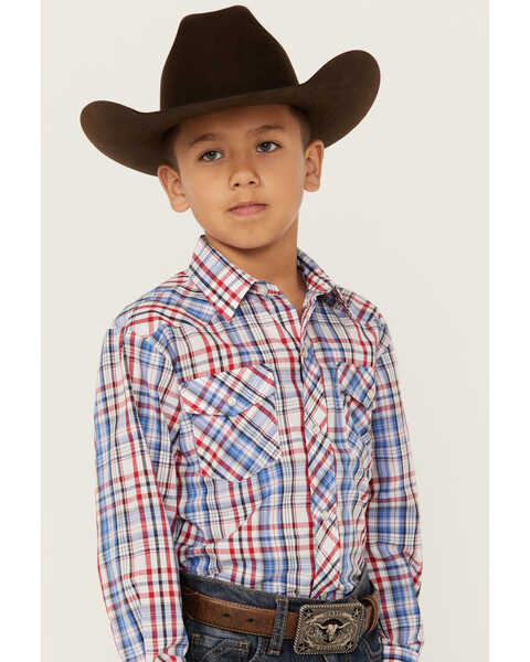 Roper Boys' Classic Plaid Print Long Sleeve Western Snap Shirt, Red, hi-res