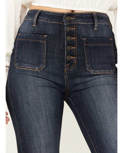 Image #2 - Cello Women's Dark Wash Exposed Button High Rise Flare Jeans, Blue, hi-res