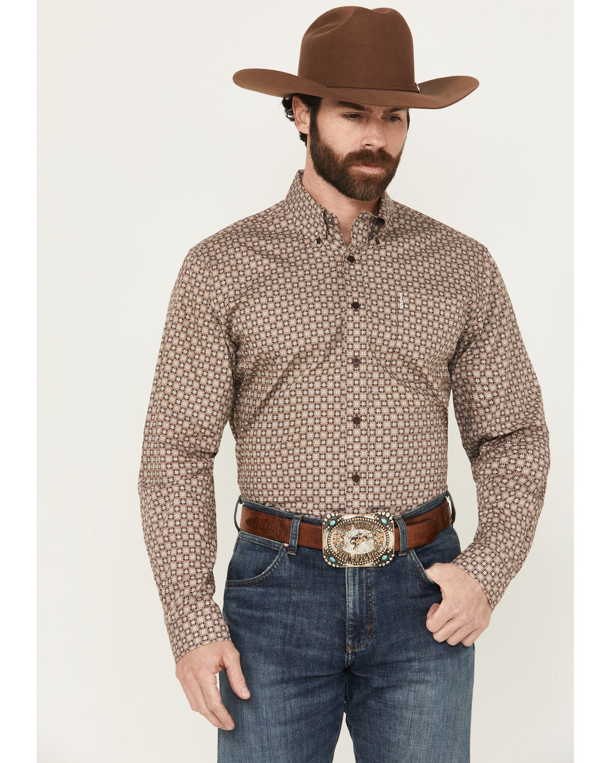 Image #1 - Cinch Men's Geo Print Long Sleeve Button-Down Western Shirt, Brown, hi-res