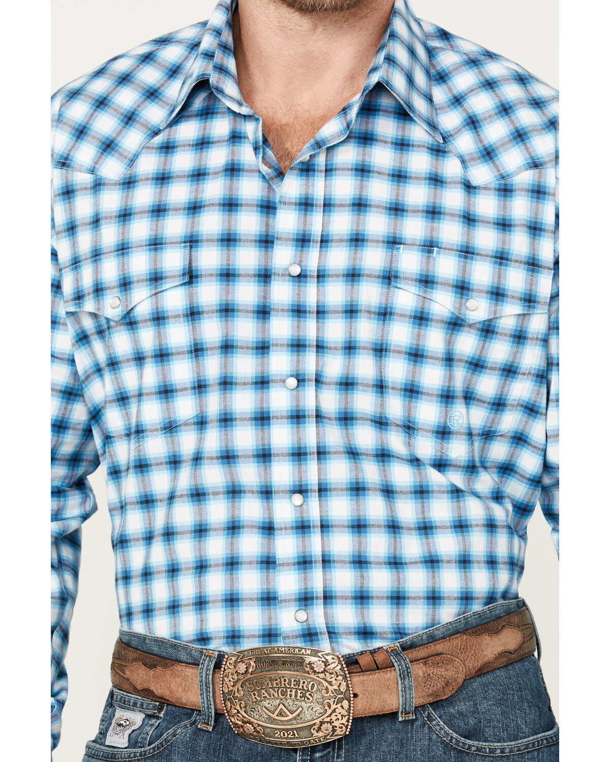 Image #3 - Roper Men's Amarillo Plaid Print Long Sleeve Button-Down Stretch Western Shirt, Blue, hi-res