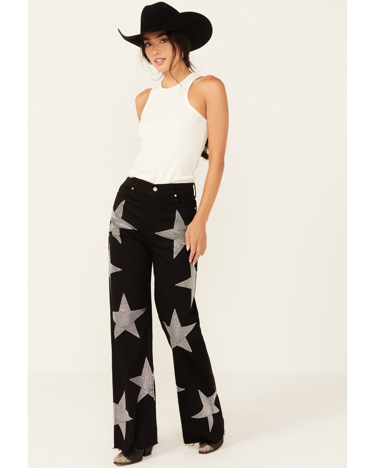 Image #1 - Vibrant Denim Women's Rhinestone Star High Rise Wide Leg Jeans, , hi-res