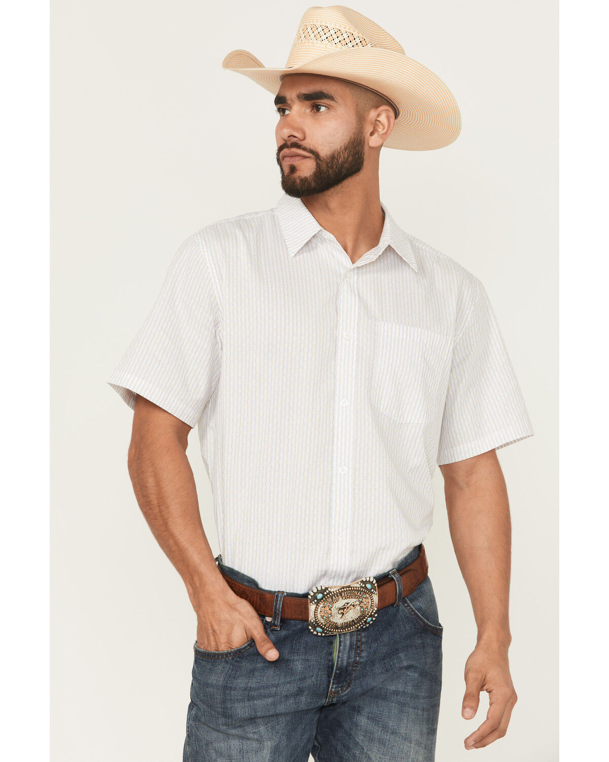 Image #1 - Gibson Trading Co Men's Pool Shark Geo Print Short Sleeve Button-Down Stretch Western Shirt, White, hi-res