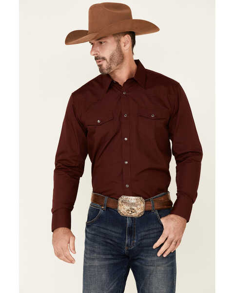 Gibson Men's Burgundy Basic Solid Long Sleeve Pearl Snap Western Shirt , Burgundy, hi-res
