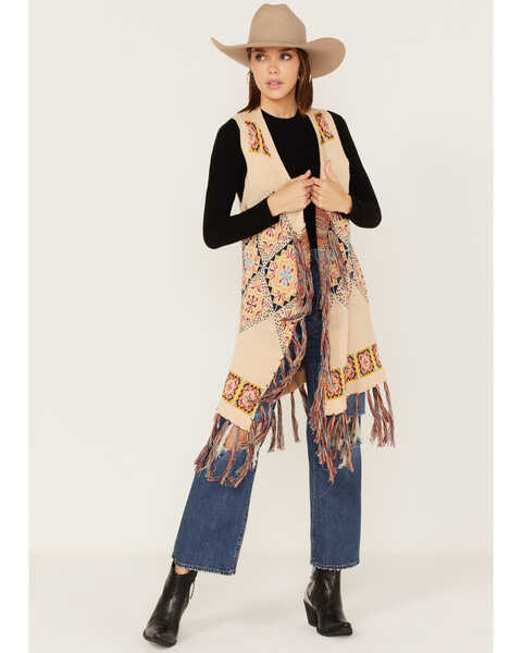 Powder River Outfitters Women's Tile Jacquard Fringe Knit Sweater Vest, Rust Copper, hi-res