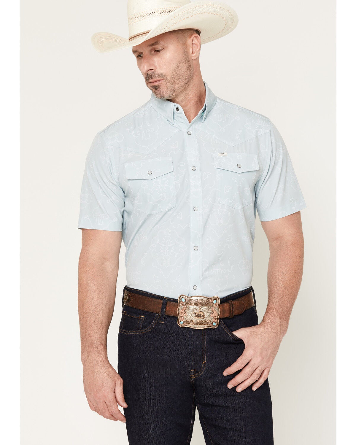Ferrell Men's Carson Tek Bandana Print Short Sleeve Pearl Snap Stretch Western Shirt, Mint, hi-res