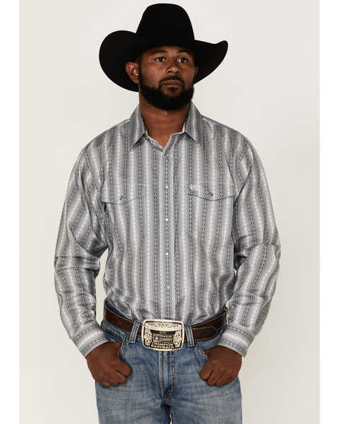 Image #1 - Panhandle Select Men's Zig Zag Print Long Sleeve Pearl Snap Western Shirt , Grey, hi-res