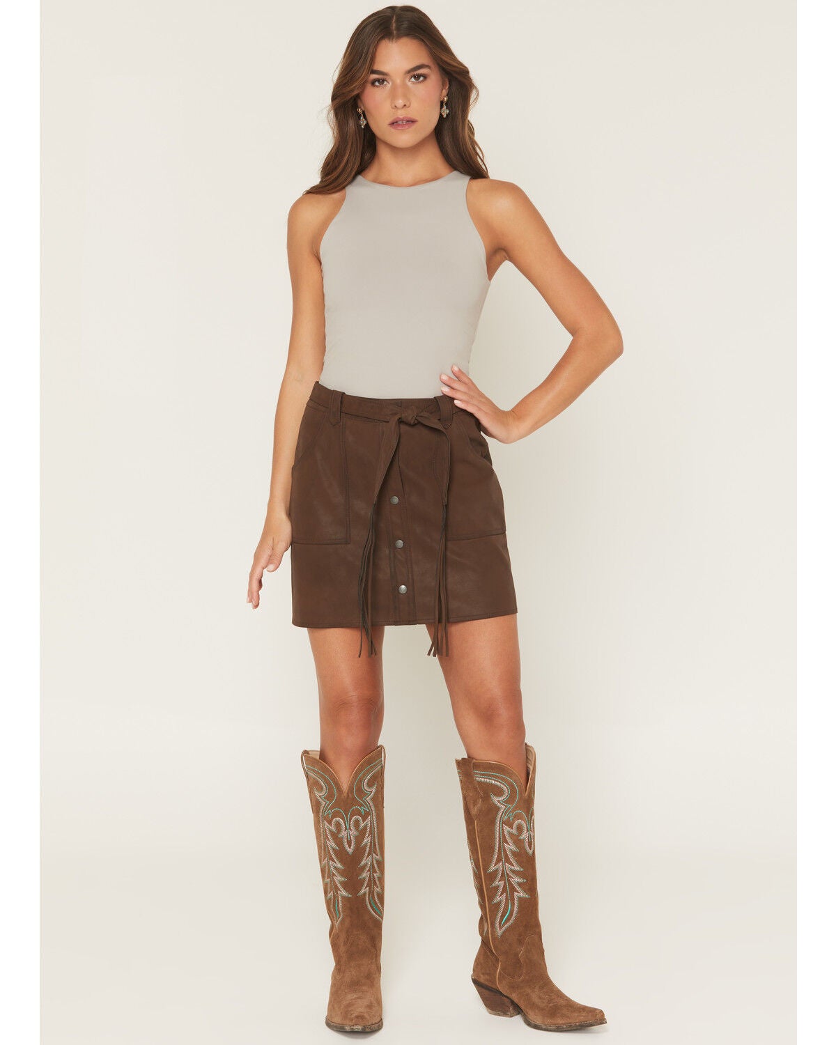Image #1 - Shyanne Women's Taylor Distressed Faux Leather Belted Mini Skirt, Brown, hi-res