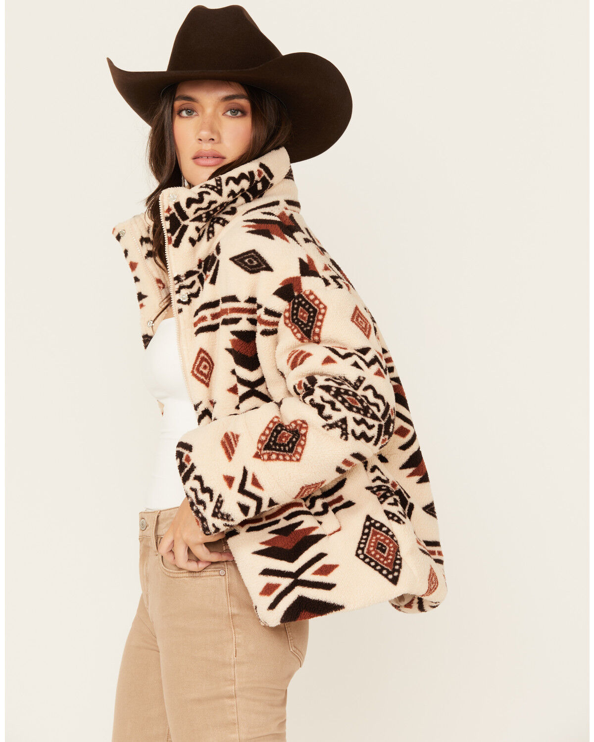 Image #2 - Miss Me Women's Southwestern Print Sherpa Jacket, Ivory, hi-res