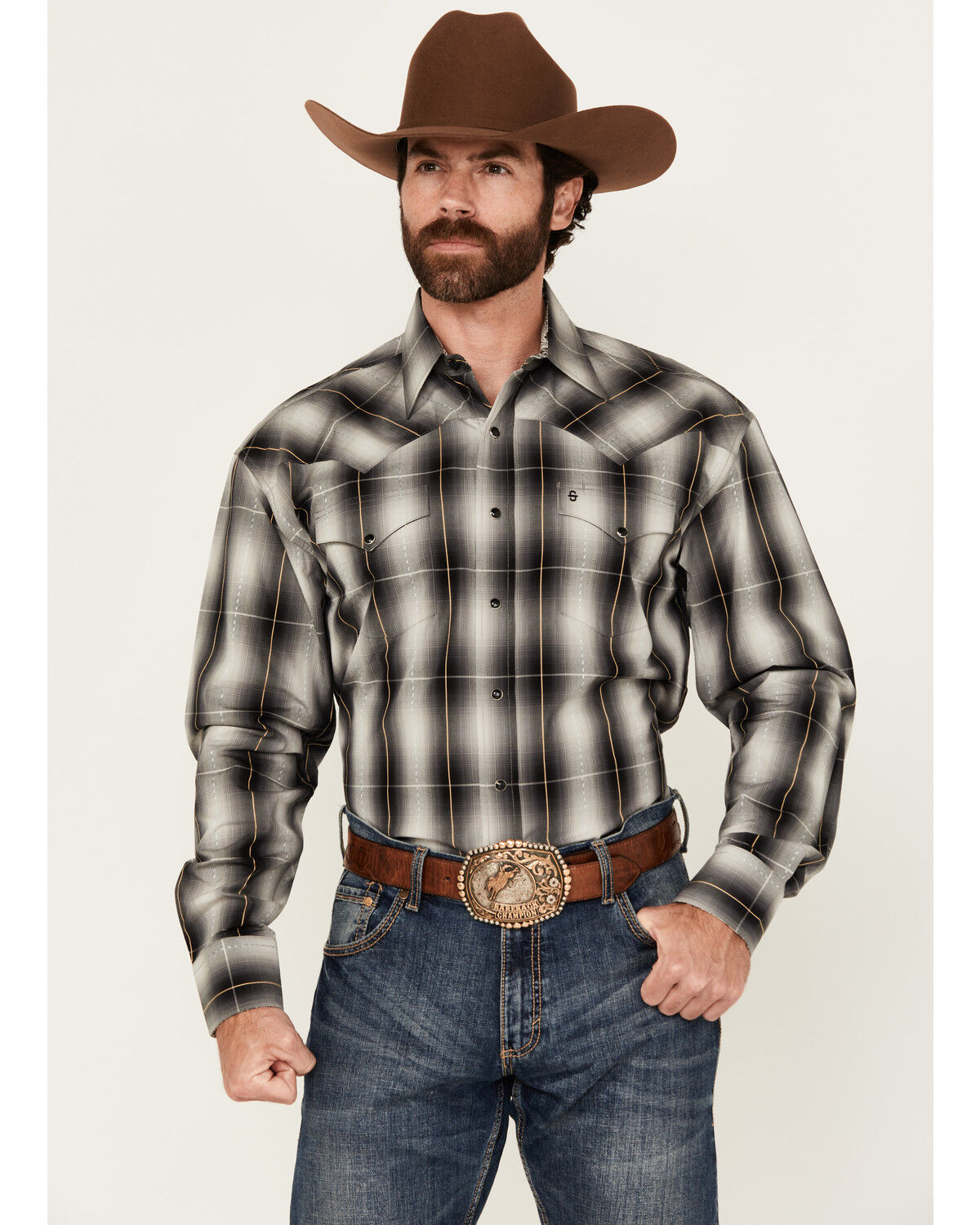 Image #1 - Stetson Men's Plaid Print Long Sleeve Pearl Snap Western Shirt, Black, hi-res