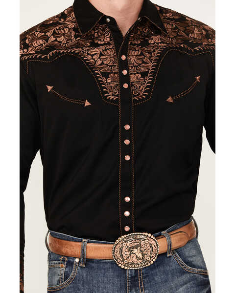 Image #3 - Scully Men's Embroidered Gunfighter Long Sleeve Snap Western Shirt , Black, hi-res