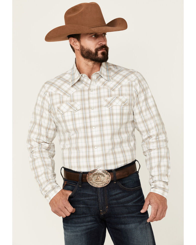 Stetson Men's Brown Vintage Dobby Plaid Long Sleeve Snap Western Shirt , Brown, hi-res