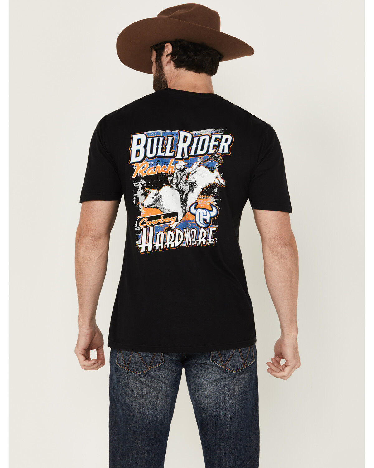 Image #1 - Cowboy Hardware Men's Boot Barn Exclusive Bull Rider Ranch Short Sleeve Graphic T-Shirt, Black, hi-res