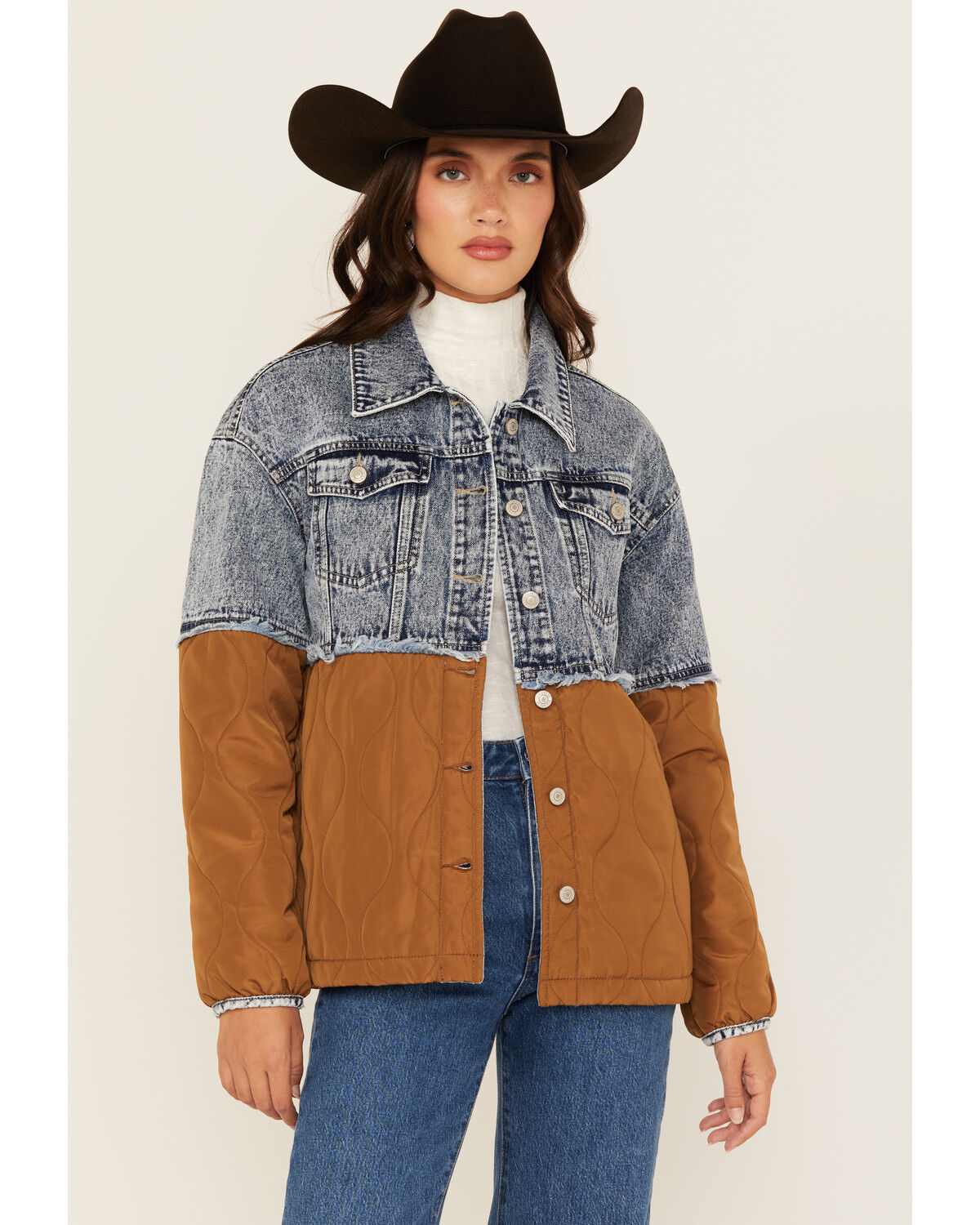 Image #1 - Ashley Women's Color Block Quilted Denim Jacket, Brown, hi-res