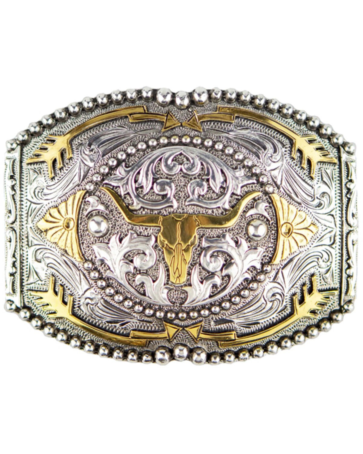 Image #1 - Cody James Men's Antique Silver & Gold Longhorn with Arrows Belt Buckle, Silver, hi-res