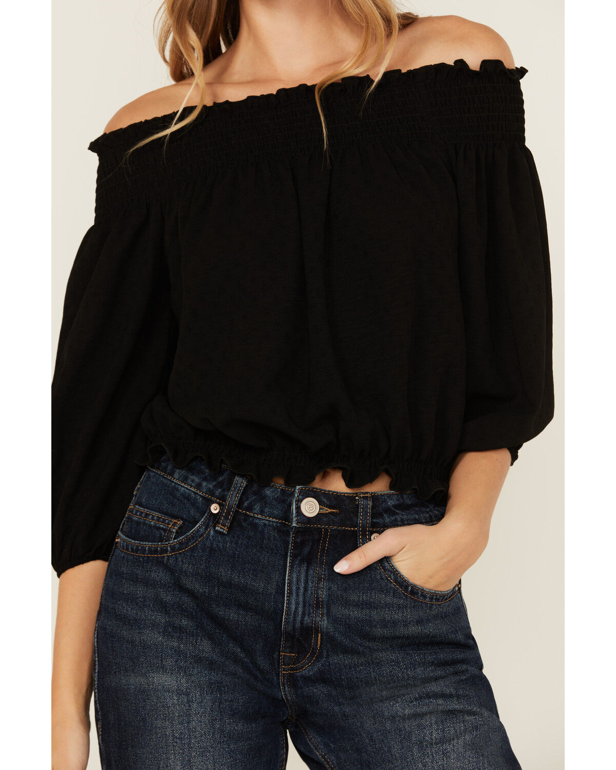 Image #3 - Wild Moss Women's Solid Smocked Off The Shoulder Top, Black, hi-res