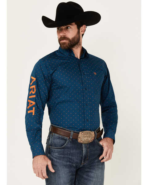 Ariat Men's Team Clarence Geo Print Long Sleeve Button-Down Western Shirt, Blue, hi-res