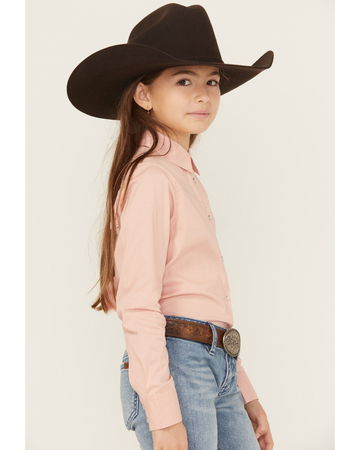 Image #3 - Shyanne Girls' Solid Rhinestone Fringe Long Sleeve Pearl Snap Stretch Western Shirt, Light Pink, hi-res