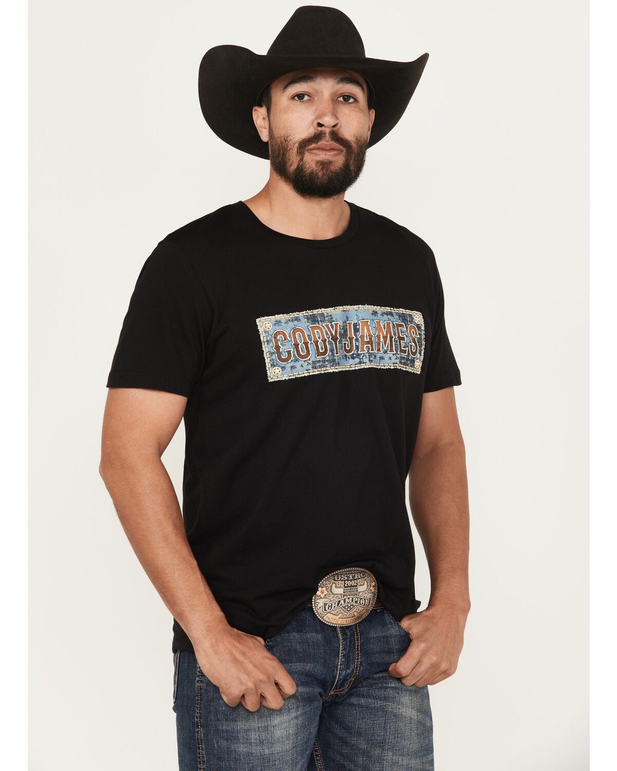 Cody James Men's Denim Patch Logo Short Sleeve Graphic Tee, Black, hi-res