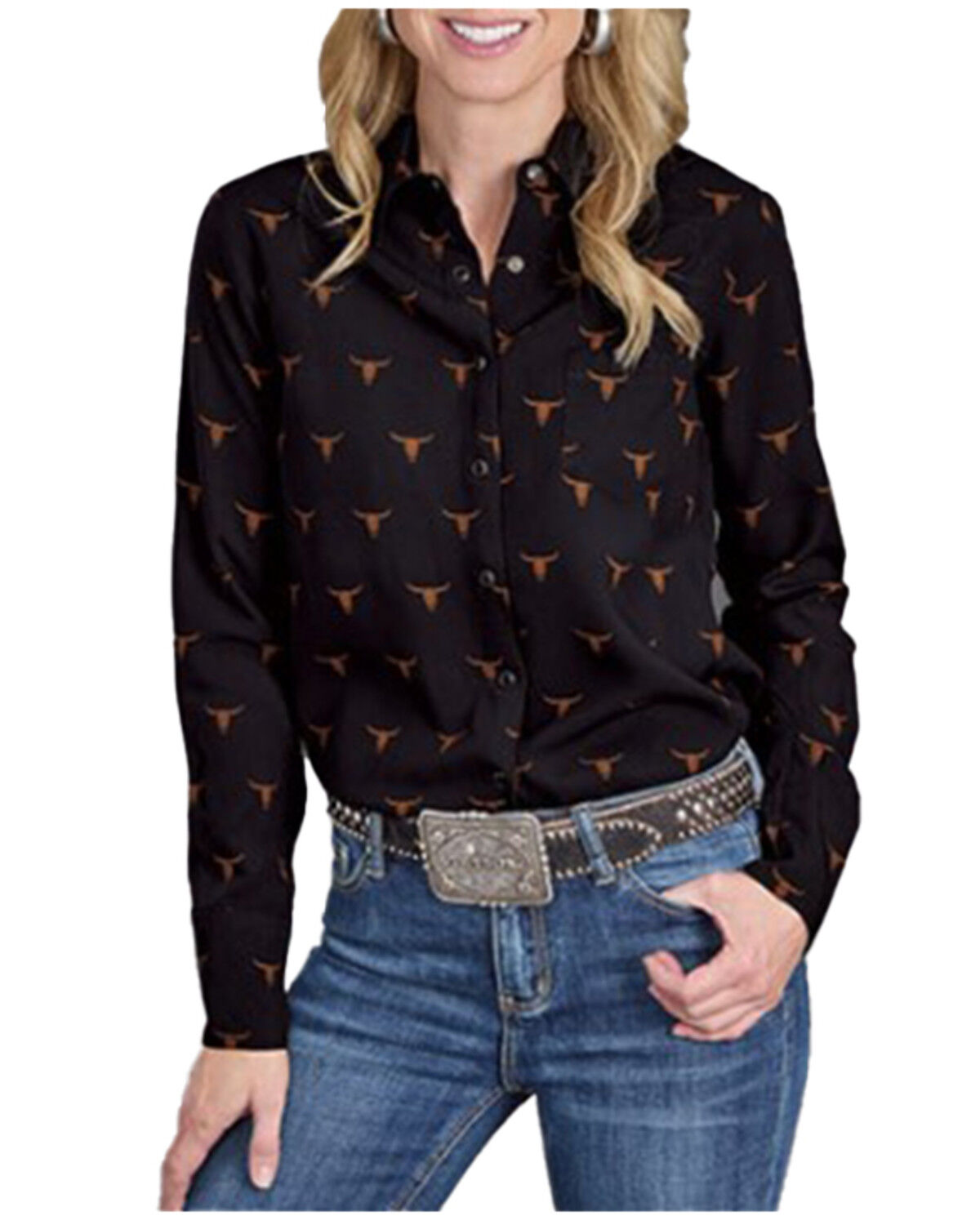Image #1 - Stetson Women's Mojave Steerhead Printed Long Sleeve Snap Western Shirt, Black, hi-res