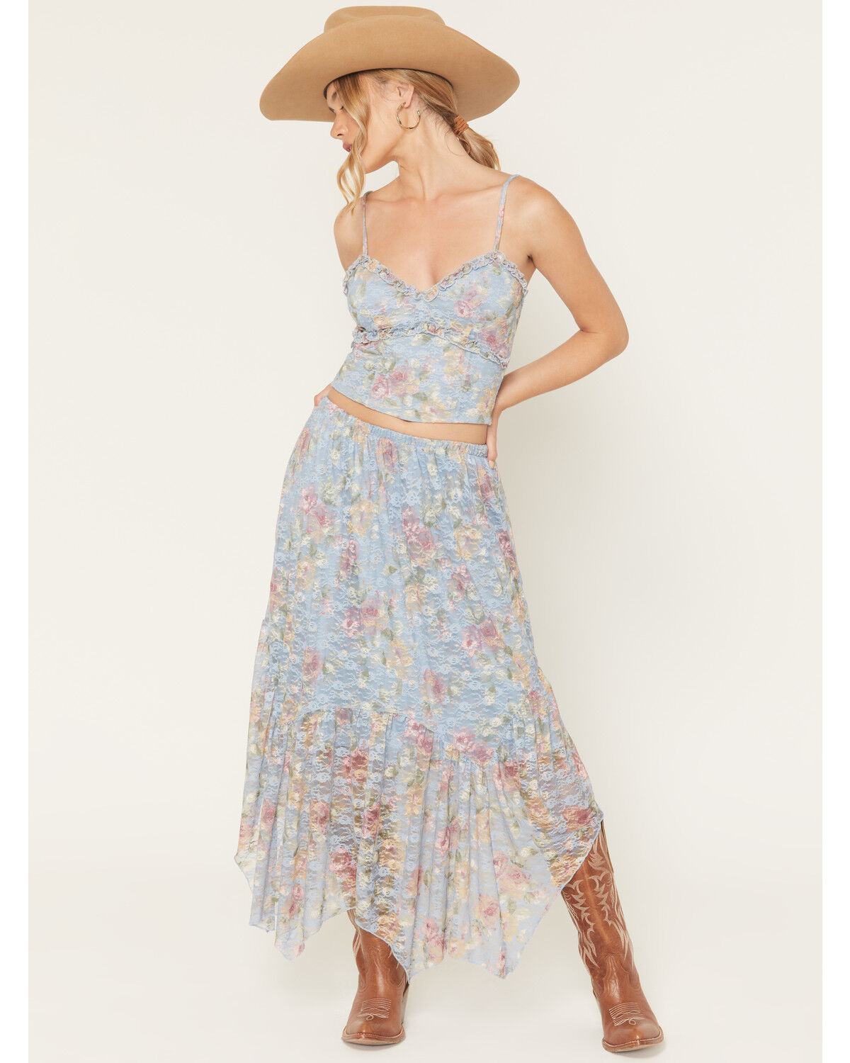 Image #1 - Originality Women's Boot Barn Exclusive Printed Lace Handkerchief Midi Skirt, Blue, hi-res