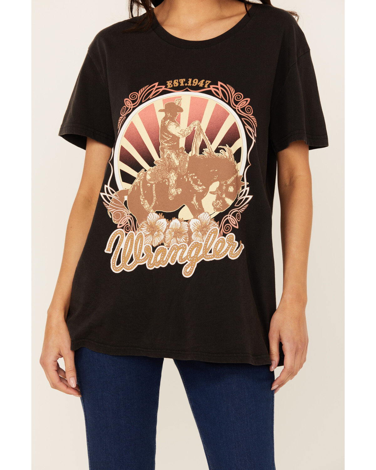 Image #3 - Wrangler Women's Boot Barn Exclusive Cowboy Logo Boyfriend Fit Short Sleeve Graphic Tee, Black, hi-res