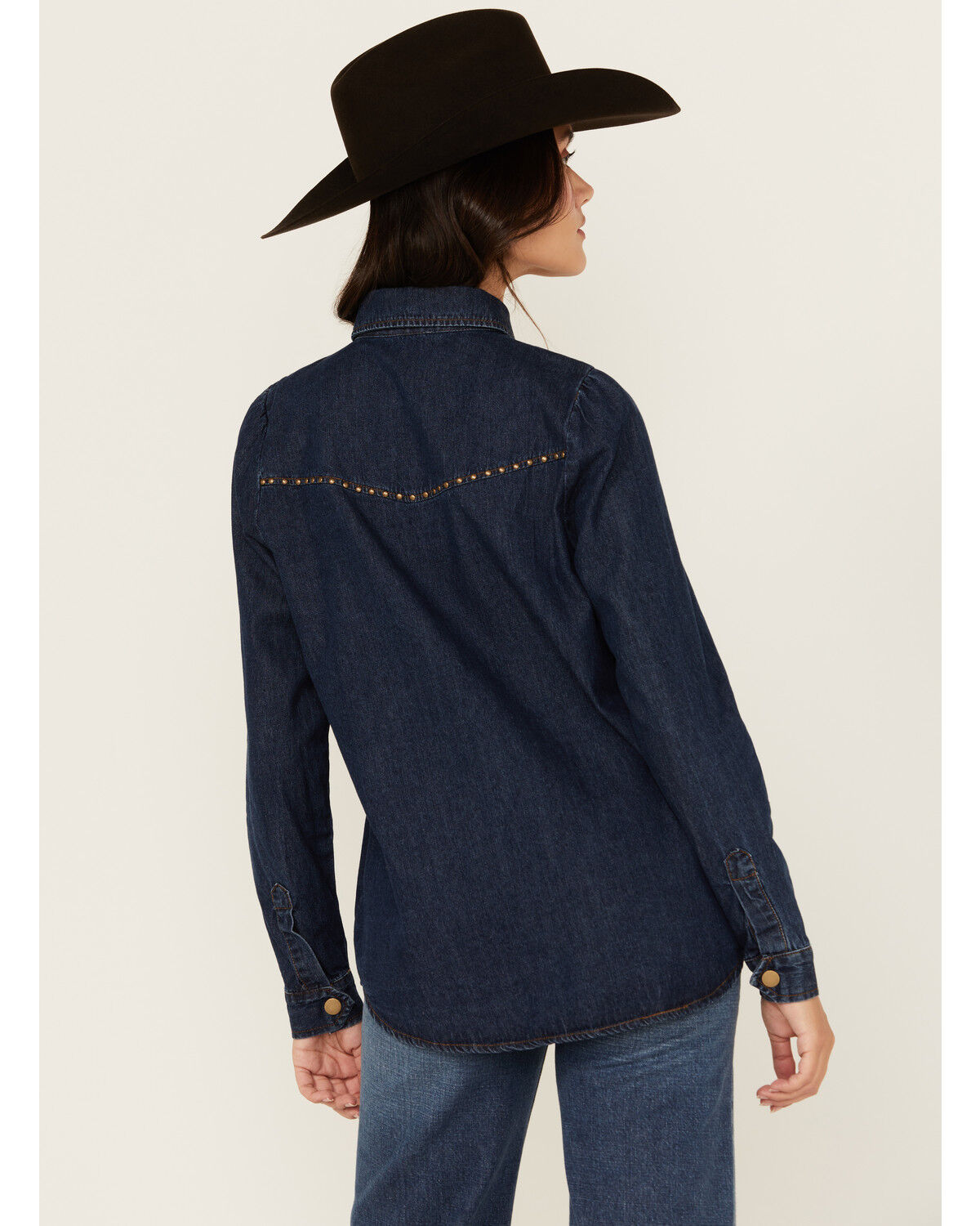 Image #4 - Blue B Women's Dark Wash Studded Keyhole Long Sleeve Snap Denim Shirt, Blue, hi-res