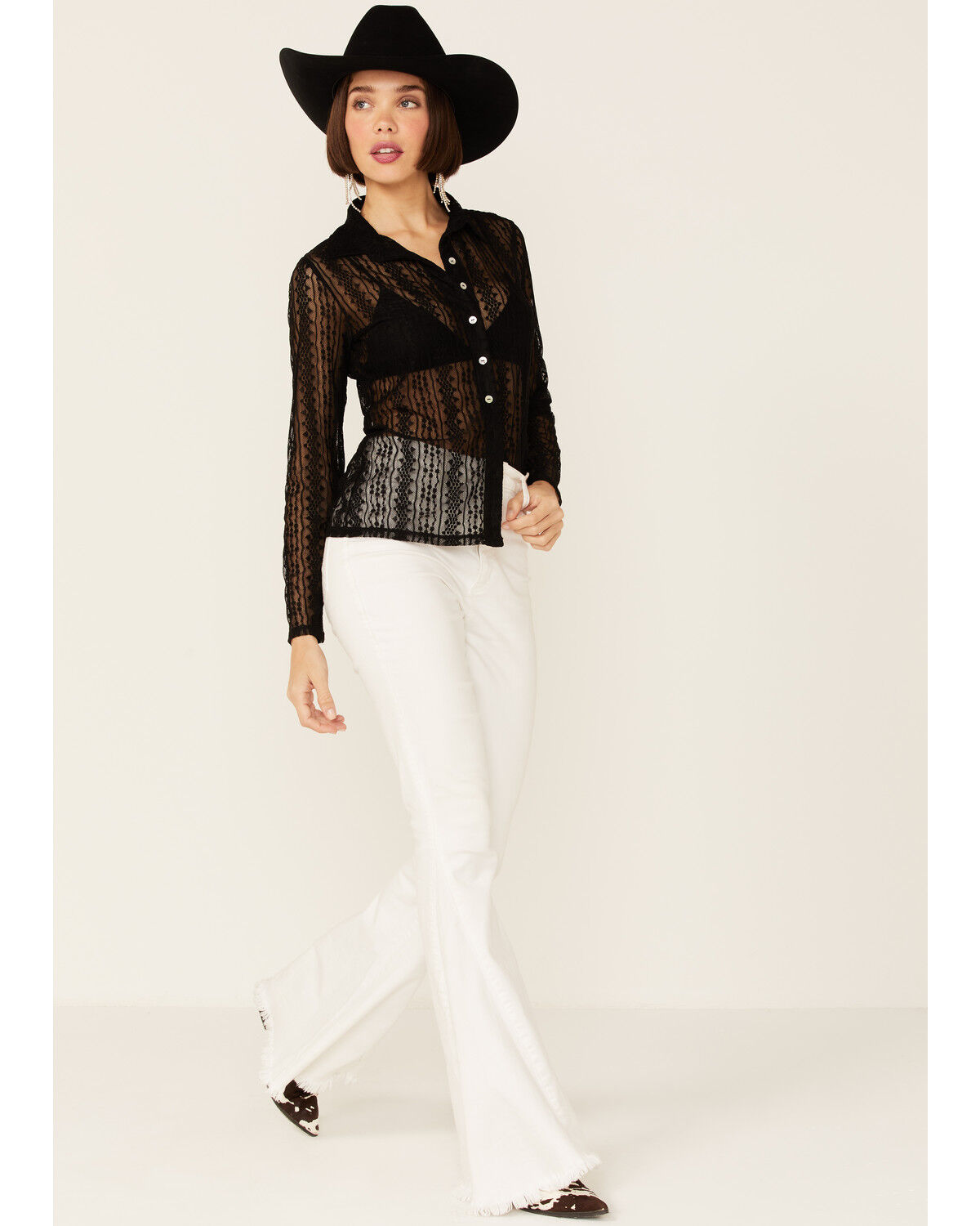 Image #4 - Wild Moss Women's Lace Button Front Sheer Long Sleeve Shirt, Black, hi-res