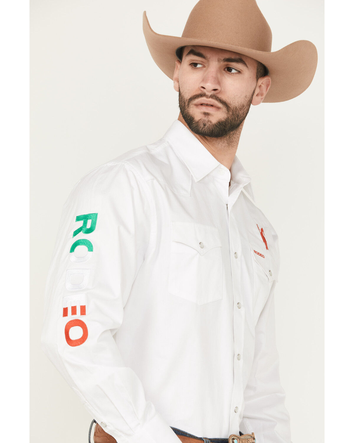 Image #1 - Rodeo Clothing Men's Boot Barn Exclusive Mexico Solid Long Sleeve Pearl Snap Western Shirt, White, hi-res