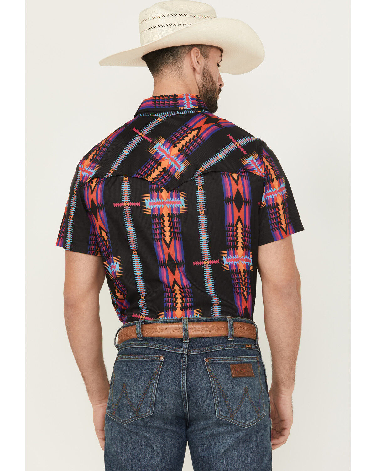 Image #4 - Rock & Roll Denim Men's Boot Barn Exclusive TEK Southwestern Striped Short Sleeve Snap Shirt, Black, hi-res