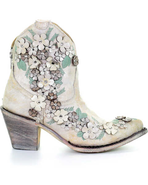 Corral Women's Floral Overlay Booties - Round Toe , White, hi-res