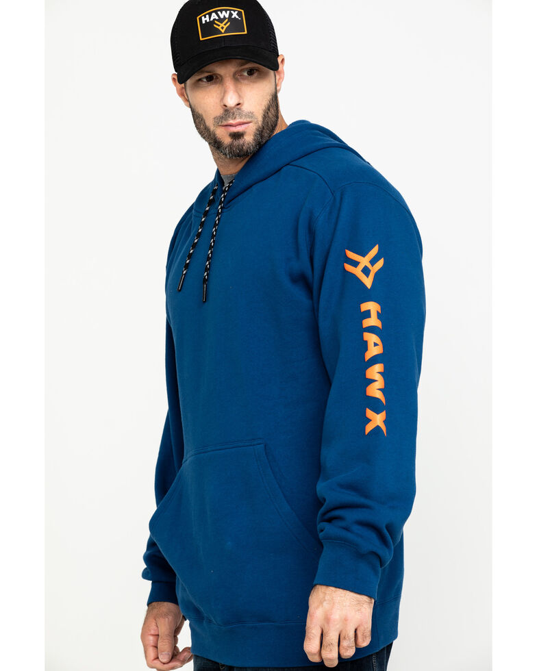 Hawx Men's Blue Logo Sleeve Performance Fleece Hooded Work Sweatshirt , Blue, hi-res