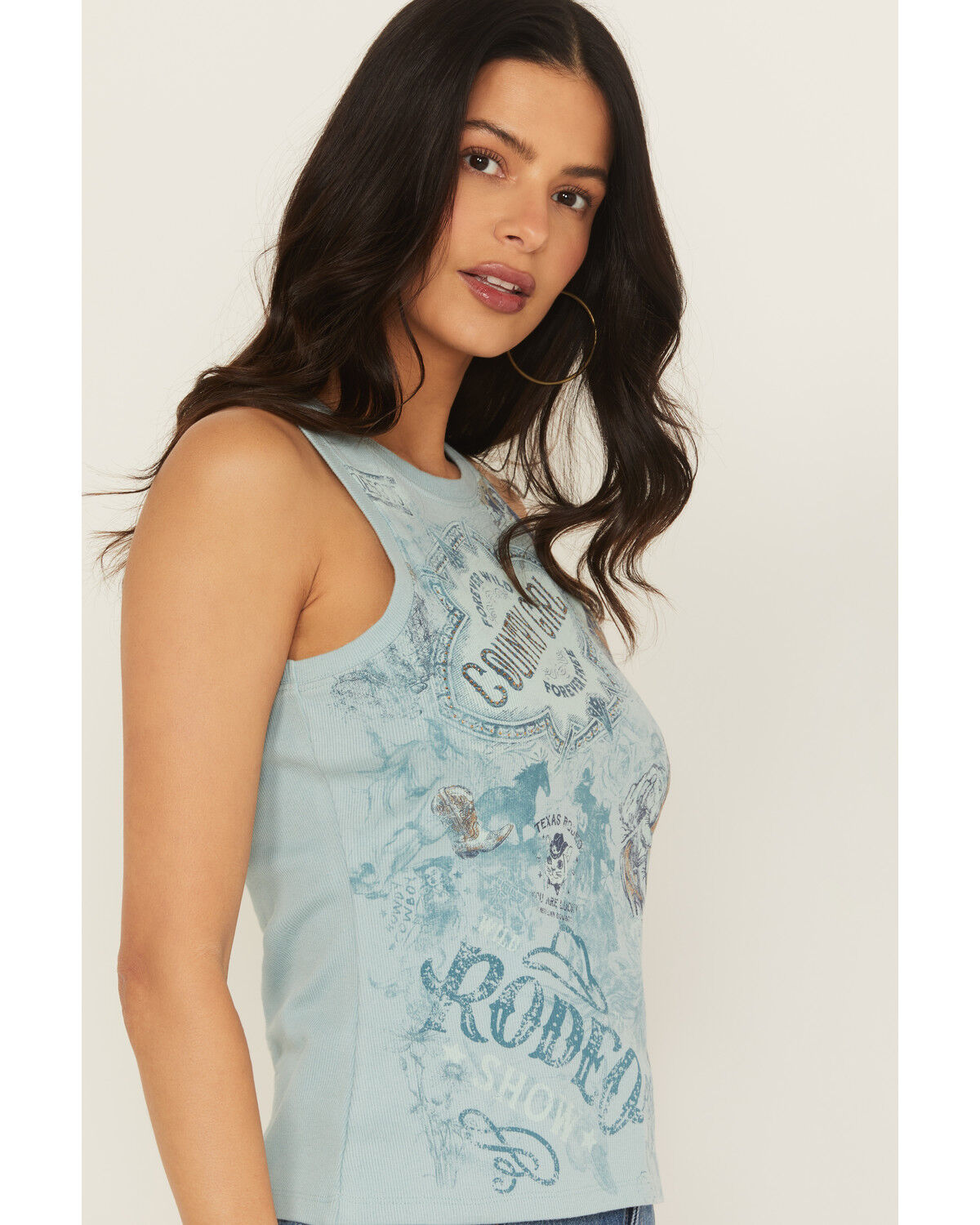 Image #2 - Shyanne Women's Rhinestone Icon Rib Knit Graphic Tank, Aqua, hi-res