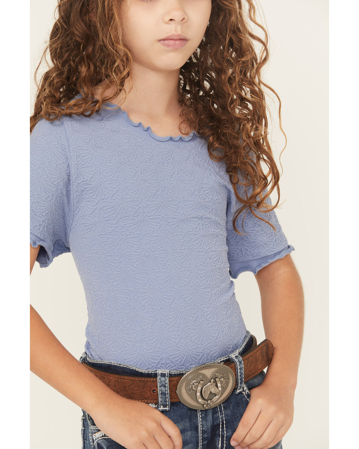 Image #3 - Fornia Girls' Solid Lettuce Edge Short Sleeve Top, Blue, hi-res