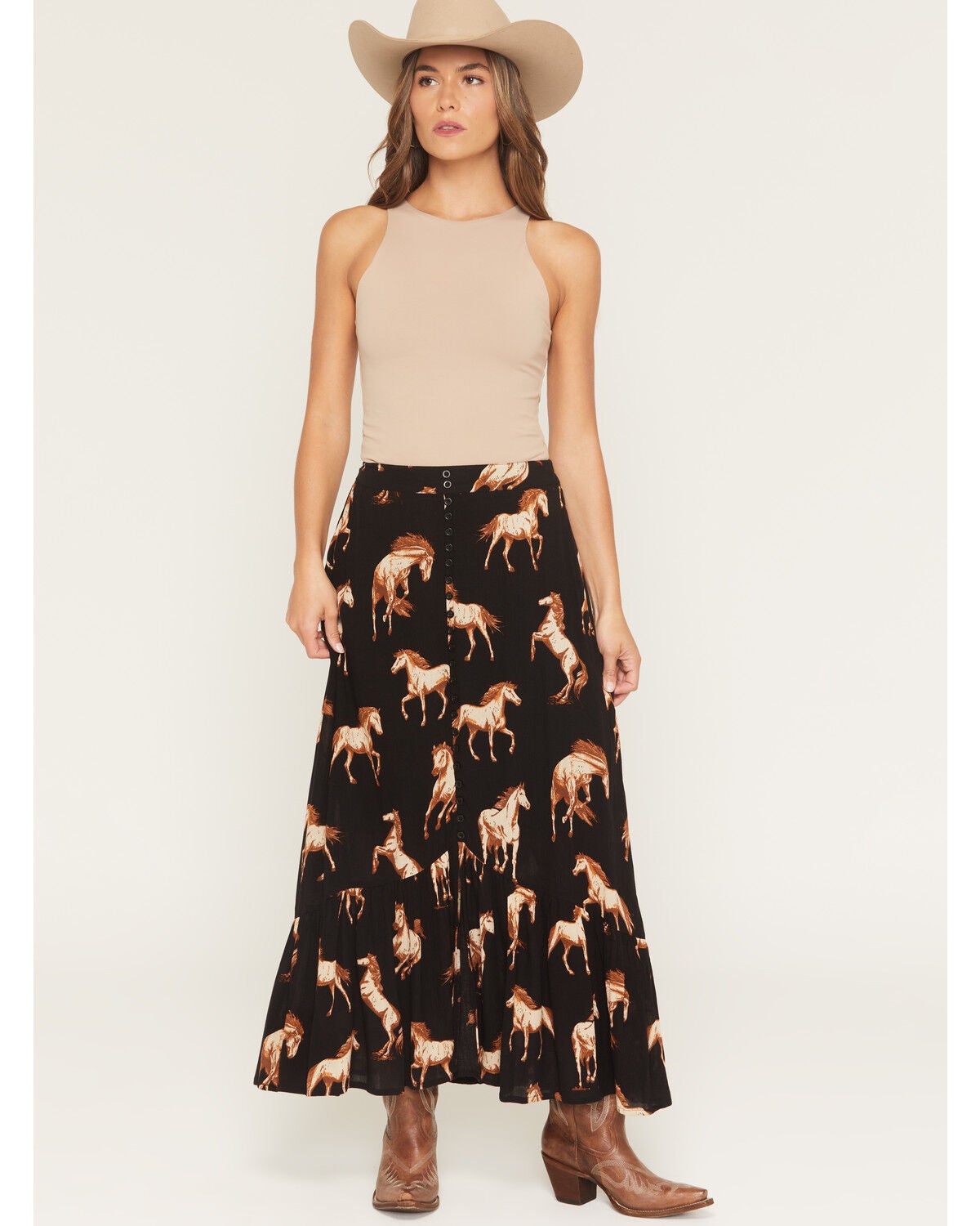 Image #1 - Cotton & Rye Women's Horse Print Button-Front High-Low Skirt, Black, hi-res
