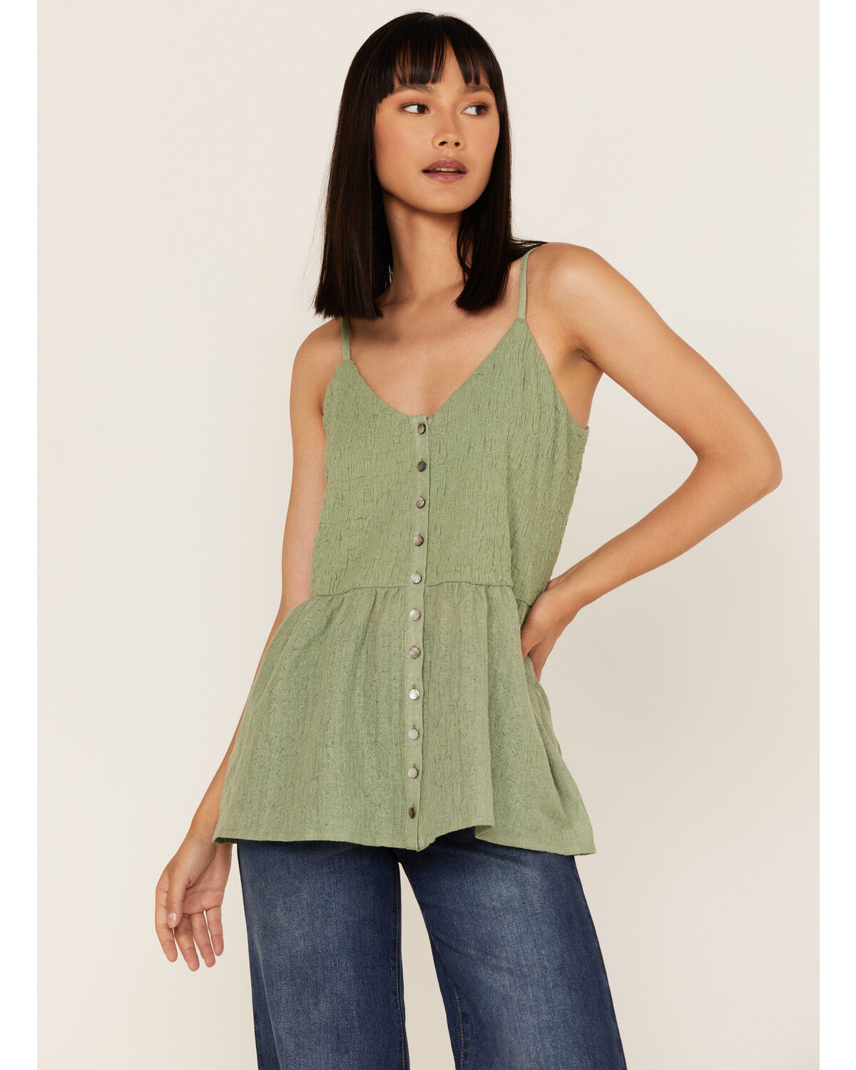 Image #1 - Cleo + Wolf Women's Smocked Button Front Woven Tank Top, Loden, hi-res