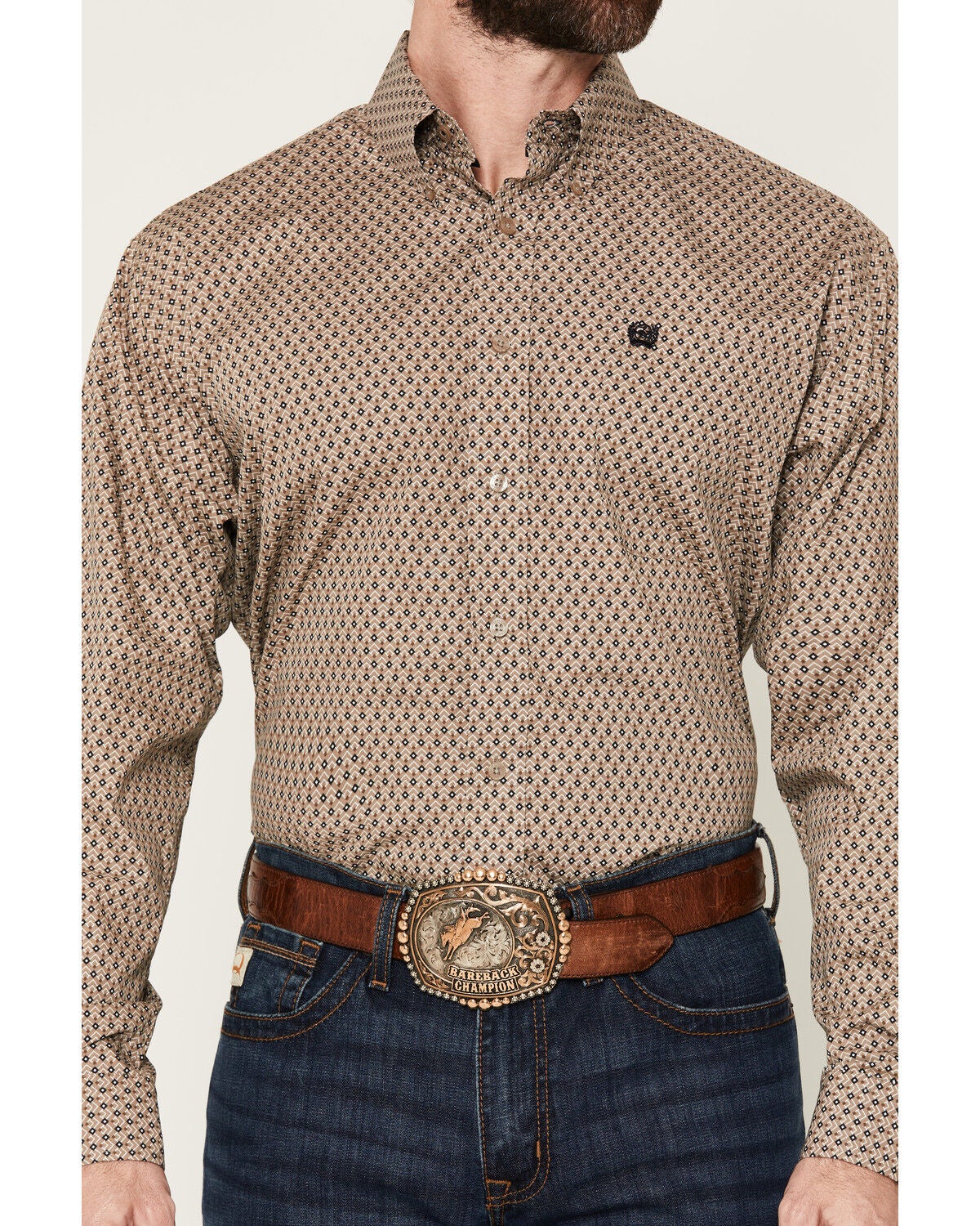 Image #3 - Cinch Men's Geo Print Long Sleeve Button-Down Western Shirt, Khaki, hi-res