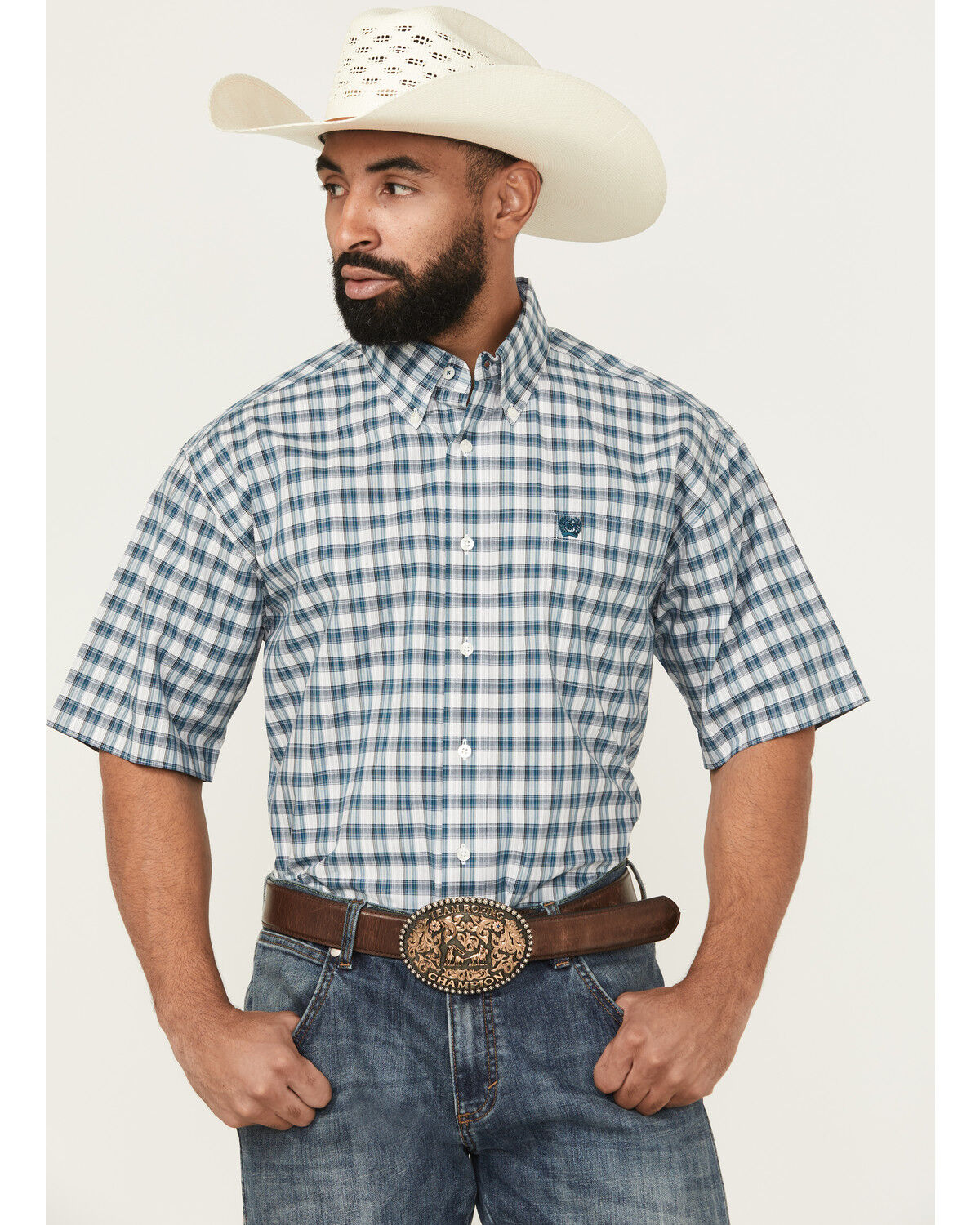 Image #1 - Cinch Men's Plaid Print Short Sleeve Button-Down Western Shirt, Cream, hi-res