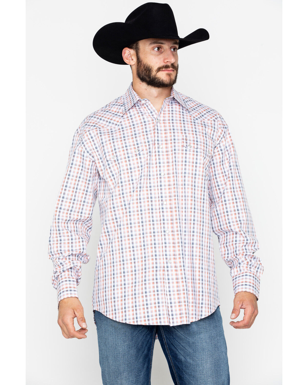 Image #5 - Stetson Men's Small Plaid Print Snap Long Sleeve Western Shirt, Orange, hi-res