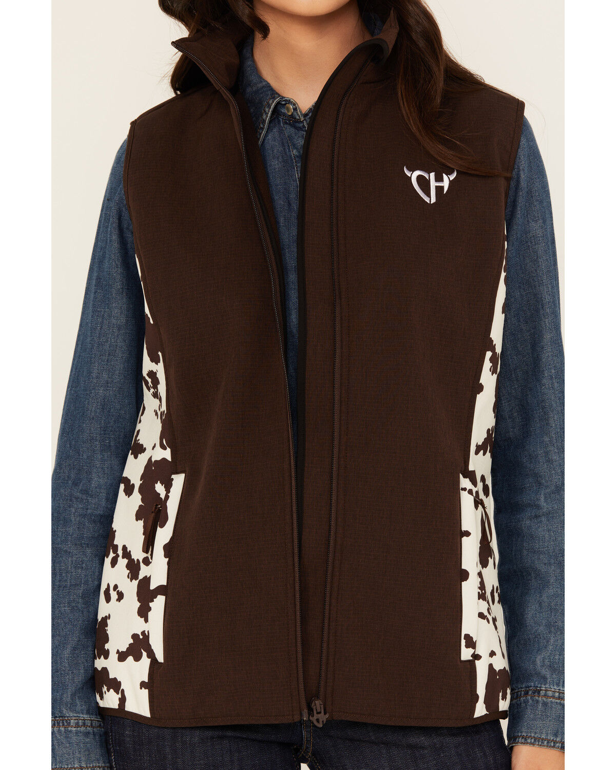 Image #3 - Cowgirl Hardware Women's Cow Print Softshell Vest, Brown, hi-res